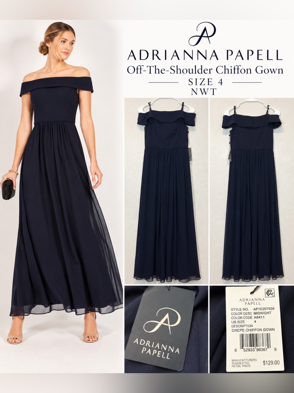 Adrianna Papell Off-The-Shoulder Chiffon Gown Navy Size 4 NWT